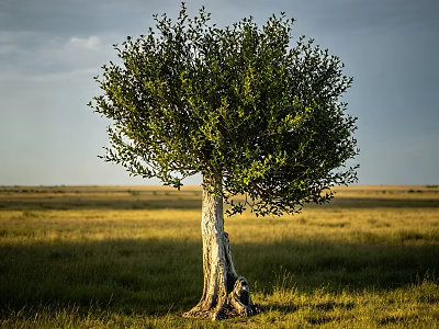 Lone Mature Tree With Textured Trunk And Lush Green Leaves In Vast Grassland 3d model