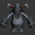 Blue Rock Giant Game Character With Double Axes Red Straps Black Beard And Stone Arms