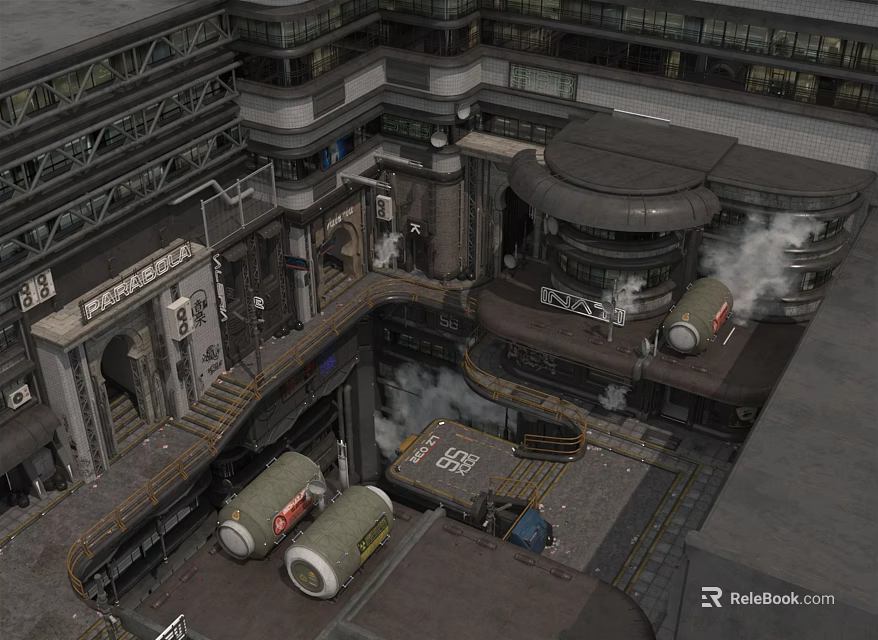 Cartoon Industrial Scene With Futuristic Metal Platforms Smoke Barrels And Signs 3d model 
