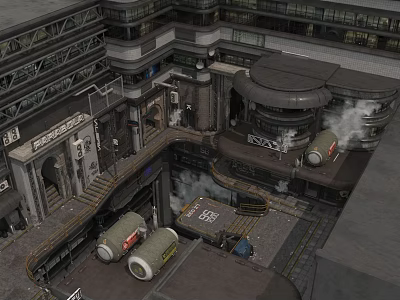 Cartoon Industrial Scene With Futuristic Metal Platforms Smoke Barrels And Signs 3d model