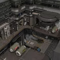 Cartoon Industrial Scene With Futuristic Metal Platforms Smoke Barrels And Signs