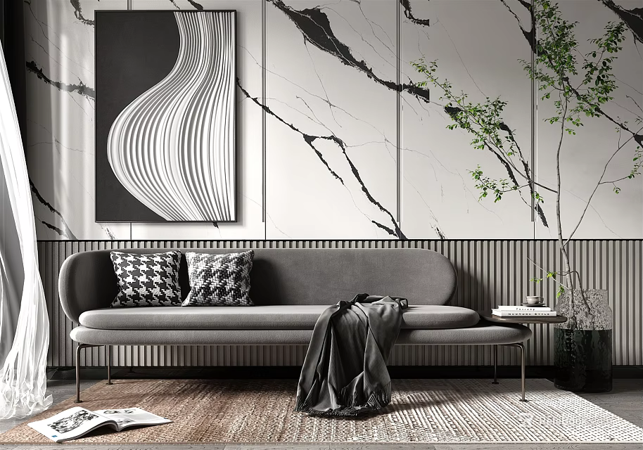 Modern Sectional Sofa With Checkered Pillows Dark Blanket And Abstract Painting On Marble Wall 3d model 