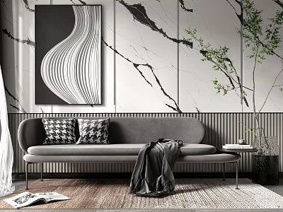 Modern Sectional Sofa With Checkered Pillows Dark Blanket And Abstract Painting On Marble Wall 3d model