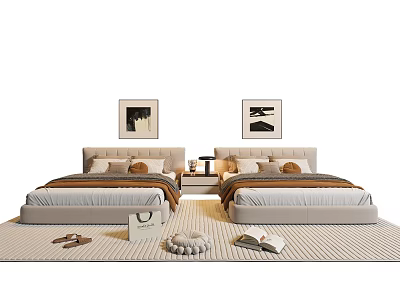 Cozy Bedroom Interior With Two Single Beds Nightstands Pillows And Wall Art 3d model