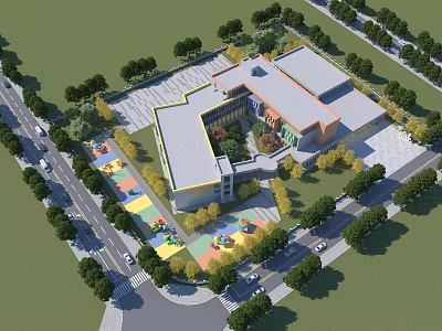 Modern School Building with Colorful Playground Area Surrounding Trees and Roads 3d model