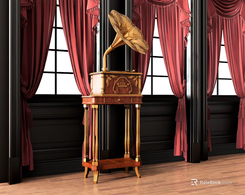 Vintage Gramophone With Golden Horn Wooden Base Decorations In Room Red Curtains Black Walls Wooden Floor 3d model 
