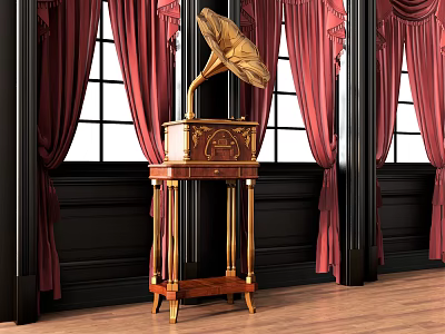 Vintage Gramophone With Golden Horn Wooden Base Decorations In Room Red Curtains Black Walls Wooden Floor 3d model