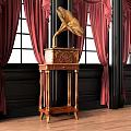 Vintage Gramophone With Golden Horn Wooden Base Decorations In Room Red Curtains Black Walls Wooden Floor