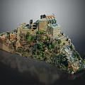 European Style Castle Architecture On Mountainous Hill With Rocky Terrain And Lush Vegetation 3d model