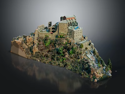 European Style Castle Architecture On Mountainous Hill With Rocky Terrain And Lush Vegetation 3d model