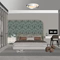 Modern Bedroom Interior Design With Green Leafy Pattern Accent Wall Beige Brown Bed And Desk