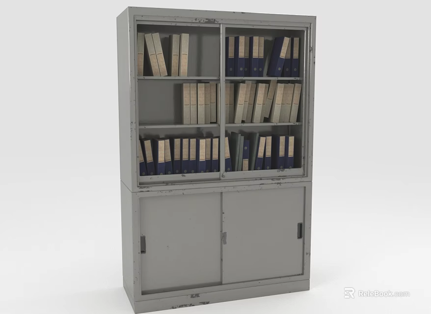 Gray Bookcase With Multiple Shelves Filled With Books And Lower Cabinet Doors 3d model 