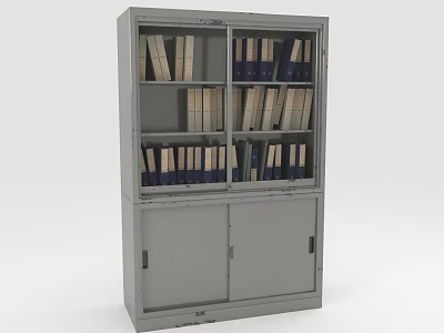 Gray Bookcase With Multiple Shelves Filled With Books And Lower Cabinet Doors 3d model