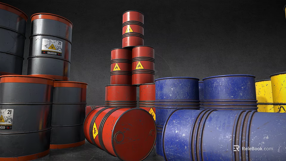 Industrial Storage Drums Featuring Red Blue And Gray Colors Stacked Tilted With Yellow Warning Labels 3d model 