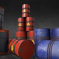 Industrial Storage Drums Featuring Red Blue And Gray Colors Stacked Tilted With Yellow Warning Labels