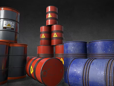 Industrial Storage Drums Featuring Red Blue And Gray Colors Stacked Tilted With Yellow Warning Labels 3d model