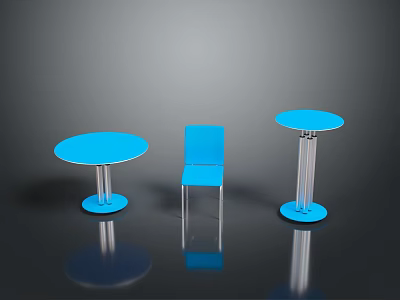 Modern Blue Round Table and Chair Set with Metal Bases and Sleek Surfaces 3d model