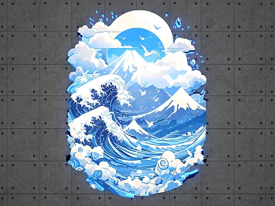 Scenic Photo Spot With Blue Waves Clouds Moon And Mount Fuji On Gray Square Wall 3d model