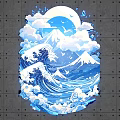 Scenic Photo Spot With Blue Waves Clouds Moon And Mount Fuji On Gray Square Wall