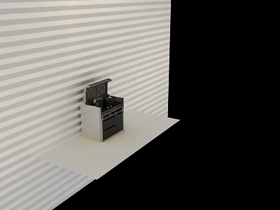 Modern Kitchen With Striped Wall Featuring Black And Silver Stove On White Countertop 3d model