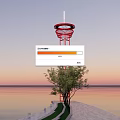Red Metal Tower With Circular Top On Seaside Pathway At Sunset Sky