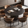 Modern Round Dining Table Set With Six Brown Chairs On Light Colored Rug 3d model