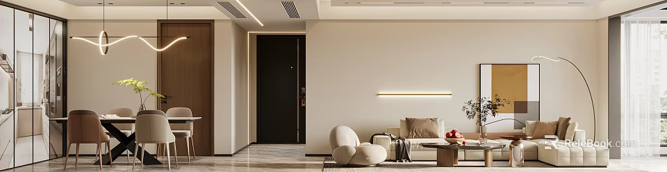 Elegant Modern Living And Dining Room Interior With Sofa Dining Table And Decorative Lighting 3d model