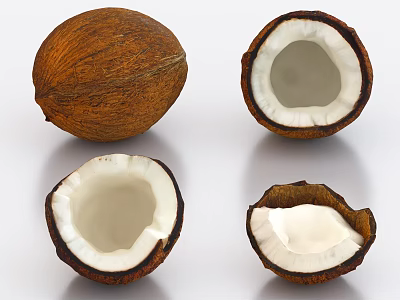Fresh Coconut Fruits Whole and Halved Showing White Flesh and Inner Cavity 3d model