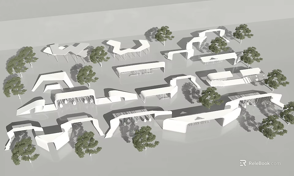 Modern Outdoor Multiple Pergolas Architectural Structures Surrounded by Green Trees 3d model