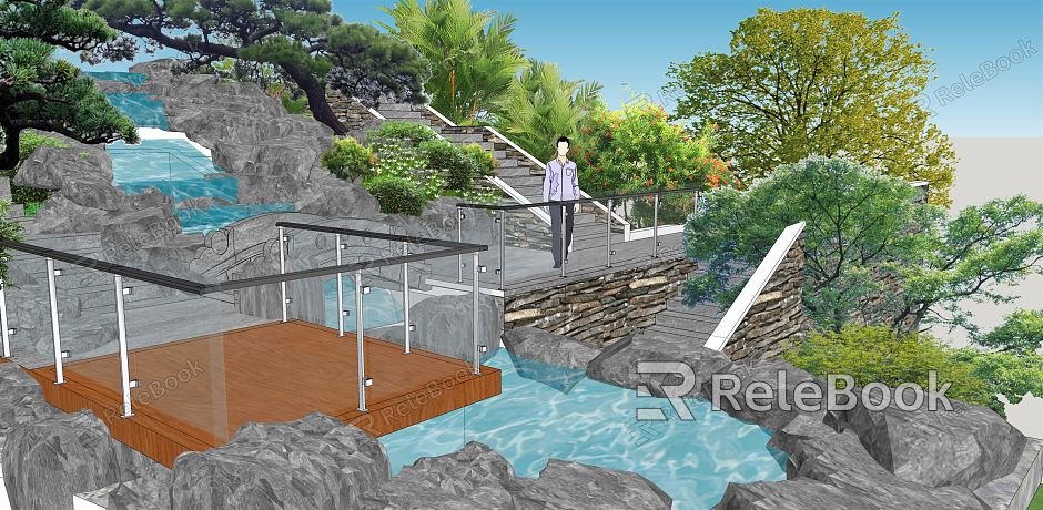 Modern landscape villa rockery pool stacked water model