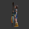Character Wearing Blue Overalls With Yellow Boots And Curved Handle Staff With Colorful Decoration