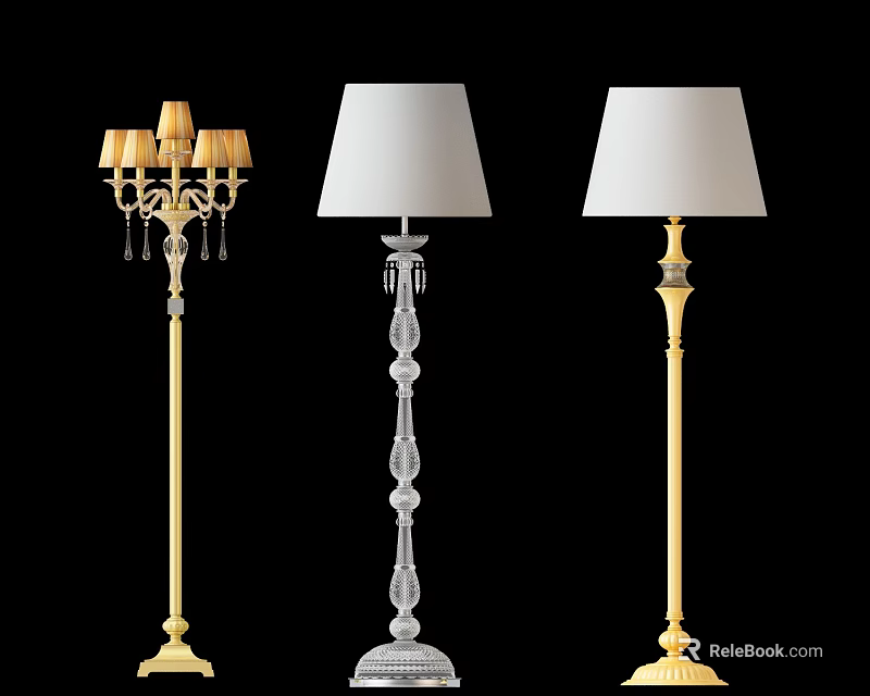 Stylish Decorative Floor Lamps With Golden Bases Crystal Details And White Shades 3d model 