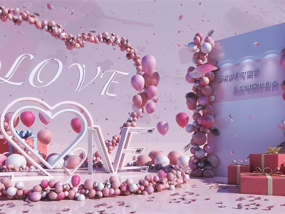 Romantic Pink Scene With Heart Shaped Decor LOVE Letters Balloons And Gift Boxes 3d model