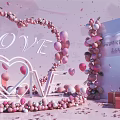 Romantic Pink Scene With Heart Shaped Decor LOVE Letters Balloons And Gift Boxes