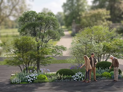 Lush Outdoor Plant Combination With Trees Shrubs White Flowers And People 3d model