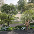 Lush Outdoor Plant Combination With Trees Shrubs White Flowers And People