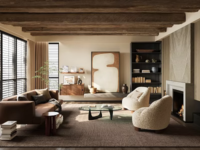 Modern Rustic Living Room Interior With Wooden Ceiling Large Windows Brown Sofa And Fireplace 3d model