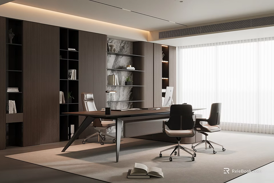 Modern Luxury Executive Office With Large Work Desk Built In Storage Shelves And Comfortable Chairs 3d model 