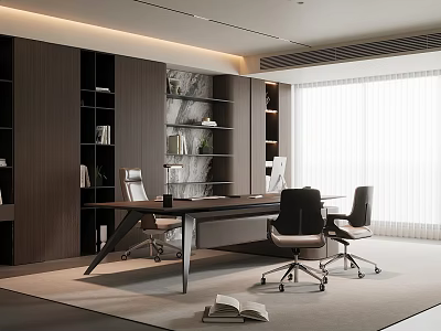 Modern Luxury Executive Office With Large Work Desk Built In Storage Shelves And Comfortable Chairs 3d model