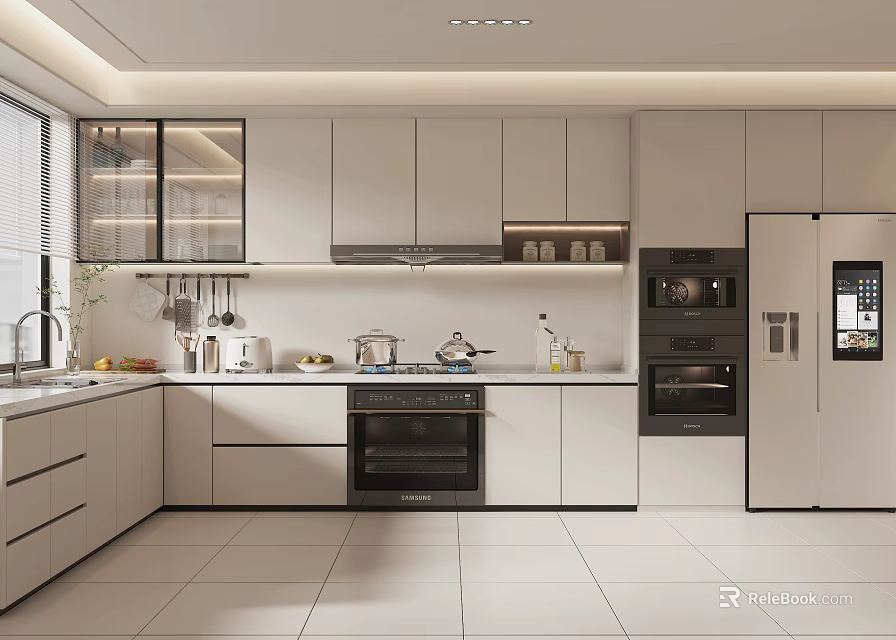 Modern Open Kitchen Interior Design With Island Counter White Cabinets And Appliances 3d model 