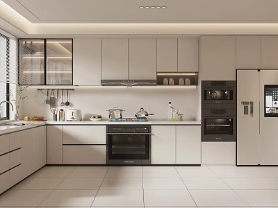 Modern Open Kitchen Interior Design With Island Counter White Cabinets And Appliances 3d model