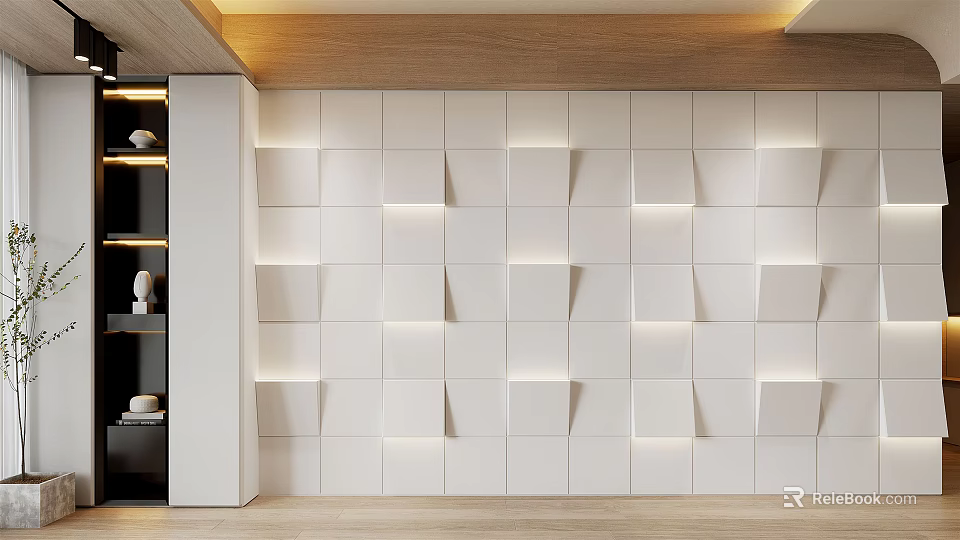 Modern Sofa Accent Wall With White 3D Panels And Lighting 3d model 