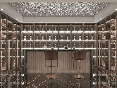 Elegant Wine Cellar Interior With Wine Racks Bottles Marble Bar Counter And Leather Stools 3d model