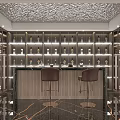Elegant Wine Cellar Interior With Wine Racks Bottles Marble Bar Counter And Leather Stools 3d model