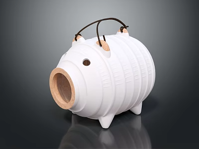 White Pig Shaped Ceramic Decorative Ornament Set With Wooden Accents And Striped Design 3d model