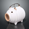 White Pig Shaped Ceramic Decorative Ornament Set With Wooden Accents And Striped Design