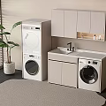 Modern Laundry Room With Stacked Washing Machine Sink Light Colored Cabinets And Plant
