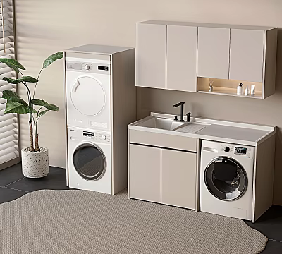 Modern Laundry Room With Stacked Washing Machine Sink Light Colored Cabinets And Plant 3d model