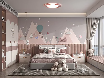 Kids Room With Pink Grey Wall Mountain Hot Balloon Stars Upholstered Headboard Bed Teddy Bears 3d model