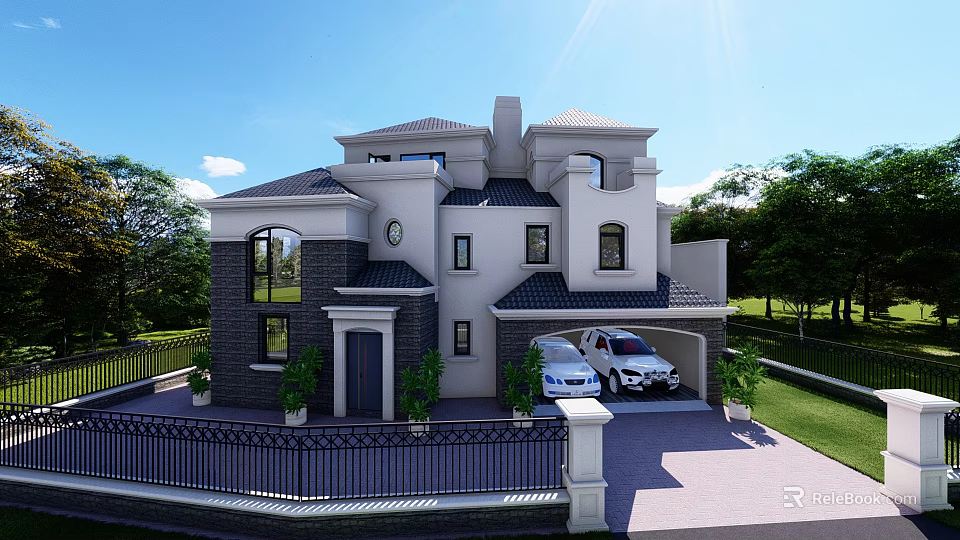 Modern Two Story Detached Villa With Garage Parked Cars And Green Plants 3d model 